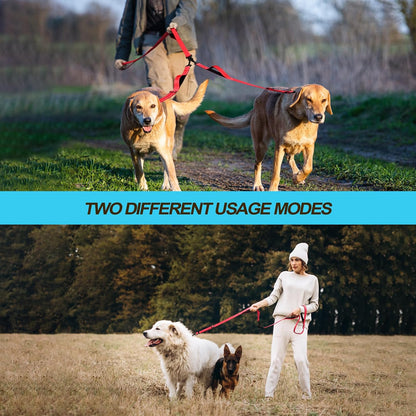 Double Dog Leash, No Tangle Dual Leash, Walking Training Lead | 4 Comfortable Padded Handles, Adjustable, Reflective, for Two Large Medium Dogs, Collapsible Bowl and Waste Bags, Red