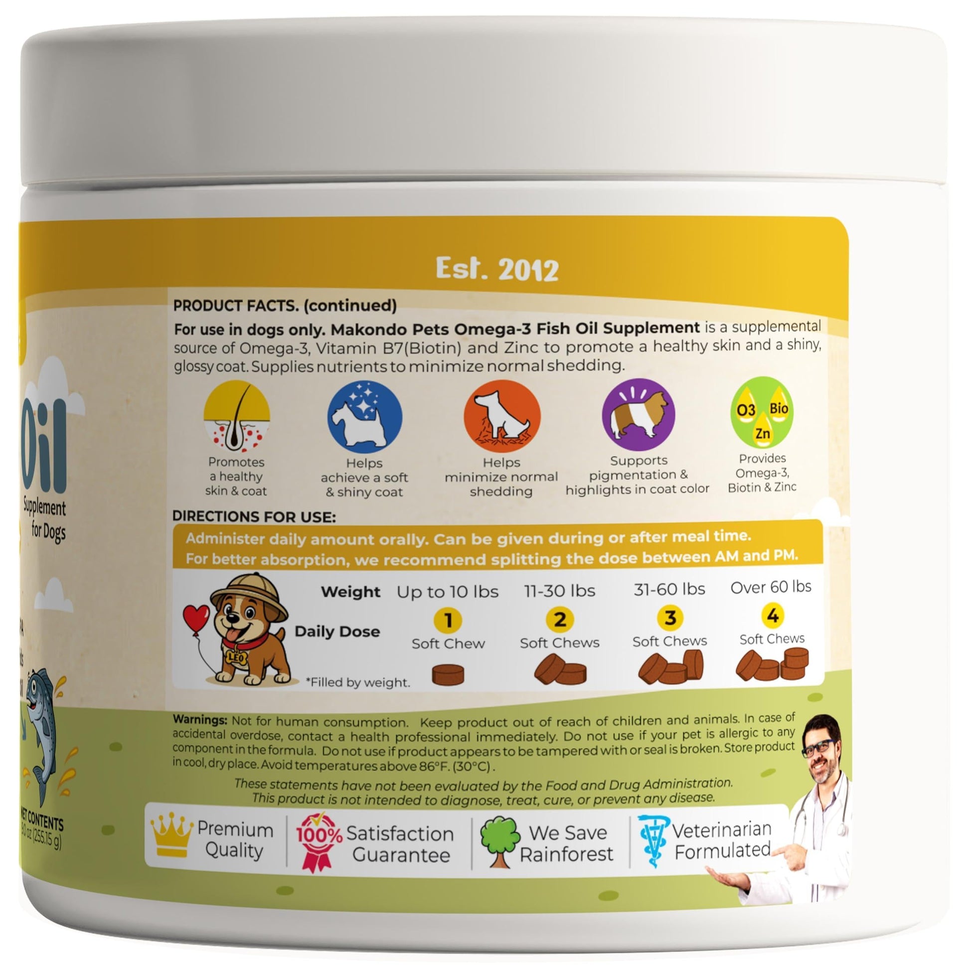 Omega-3 Fish Oil Chews for Dogs 120 Count Skin & Coat Shedding EPA & DHA