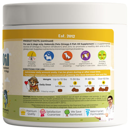 Omega-3 Fish Oil Chews for Dogs 120 Count Skin & Coat Shedding EPA & DHA