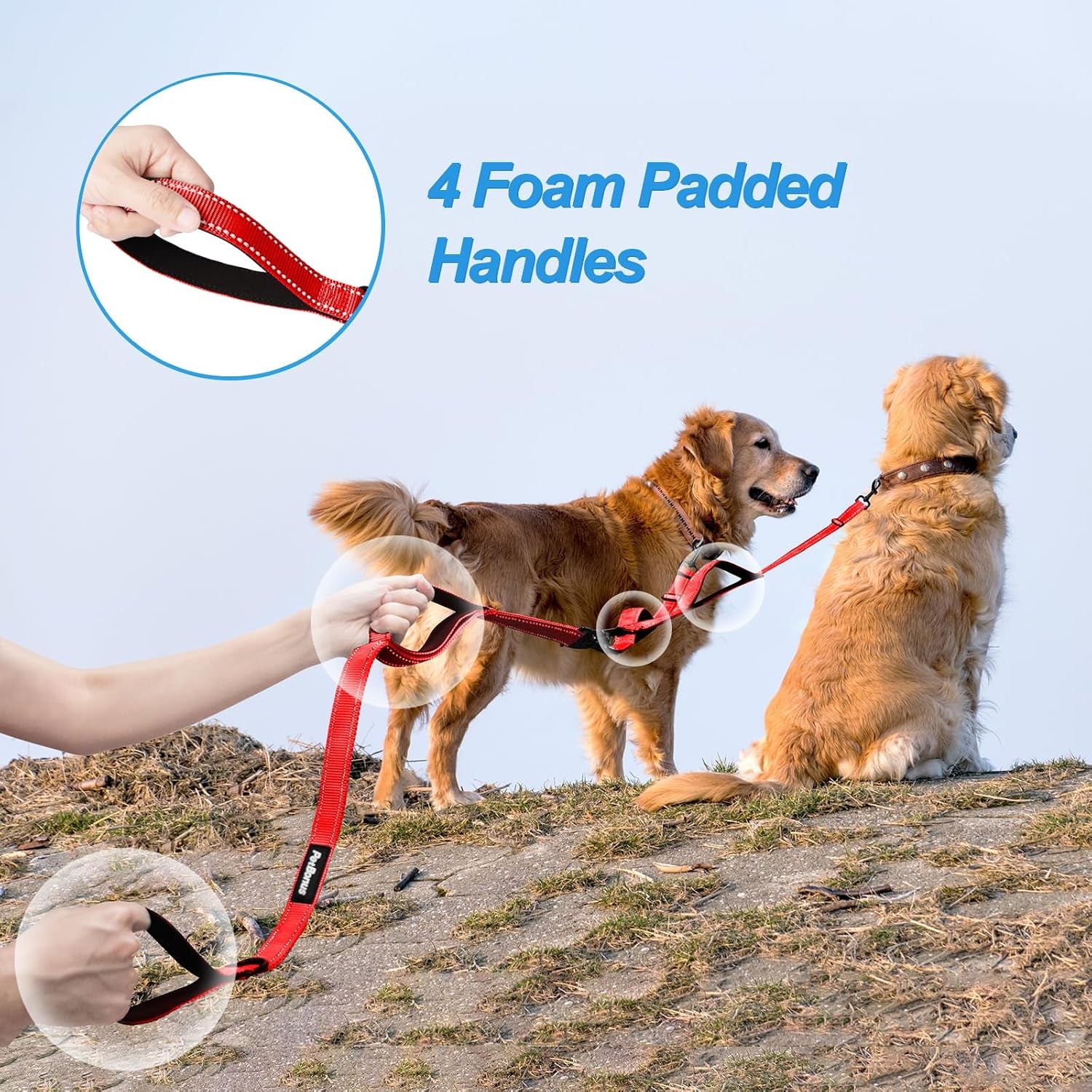 Double Dog Leash, No Tangle Dual Leash, Walking Training Lead | 4 Comfortable Padded Handles, Adjustable, Reflective, for Two Large Medium Dogs, Collapsible Bowl and Waste Bags, Red