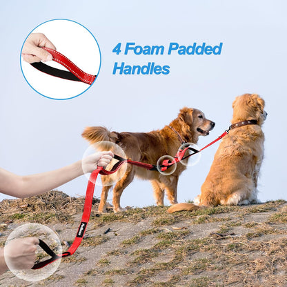 Double Dog Leash, No Tangle Dual Leash, Walking Training Lead | 4 Comfortable Padded Handles, Adjustable, Reflective, for Two Large Medium Dogs, Collapsible Bowl and Waste Bags, Red