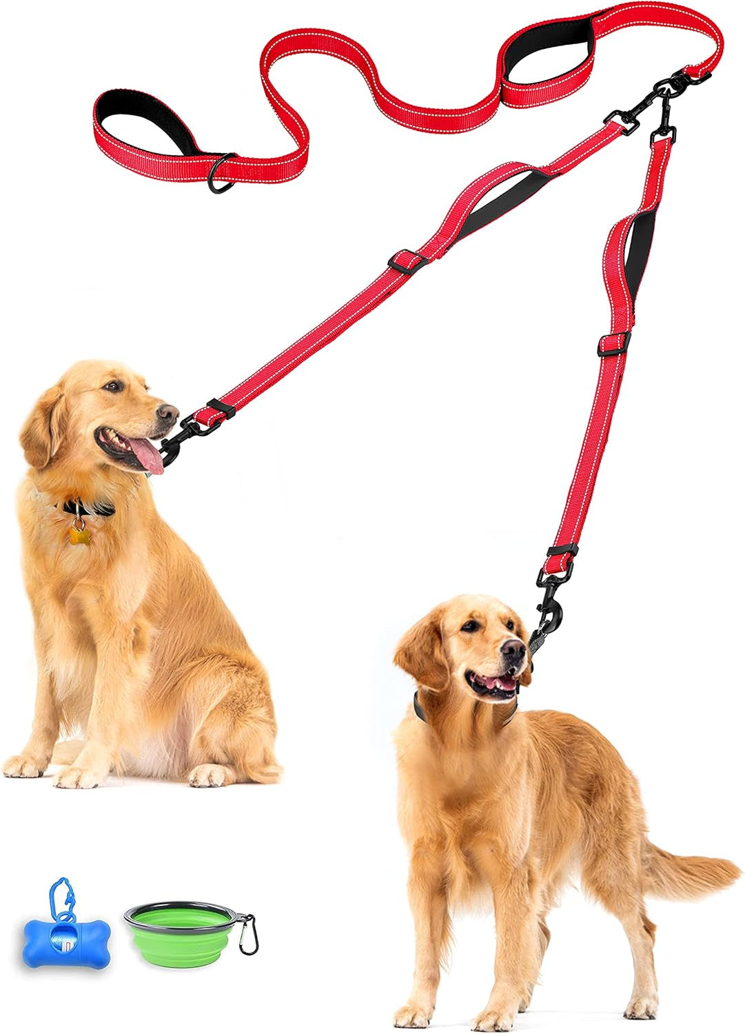Double Dog Leash, No Tangle Dual Leash, Walking Training Lead | 4 Comfortable Padded Handles, Adjustable, Reflective, for Two Large Medium Dogs, Collapsible Bowl and Waste Bags, Red