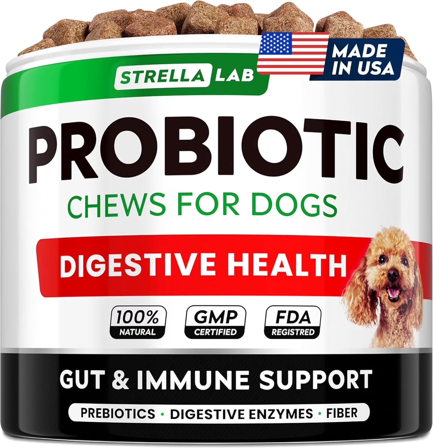 Probiotic Chews for Dogs - Digestive Enzymes & Fiber - Diarrhea, Constipation & Gut Health Relief - Prebiotic Formula