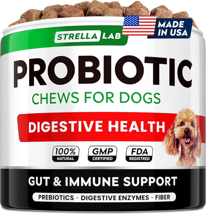 Probiotic Chews for Dogs - Digestive Enzymes & Fiber - Diarrhea, Constipation & Gut Health Relief - Prebiotic Formula