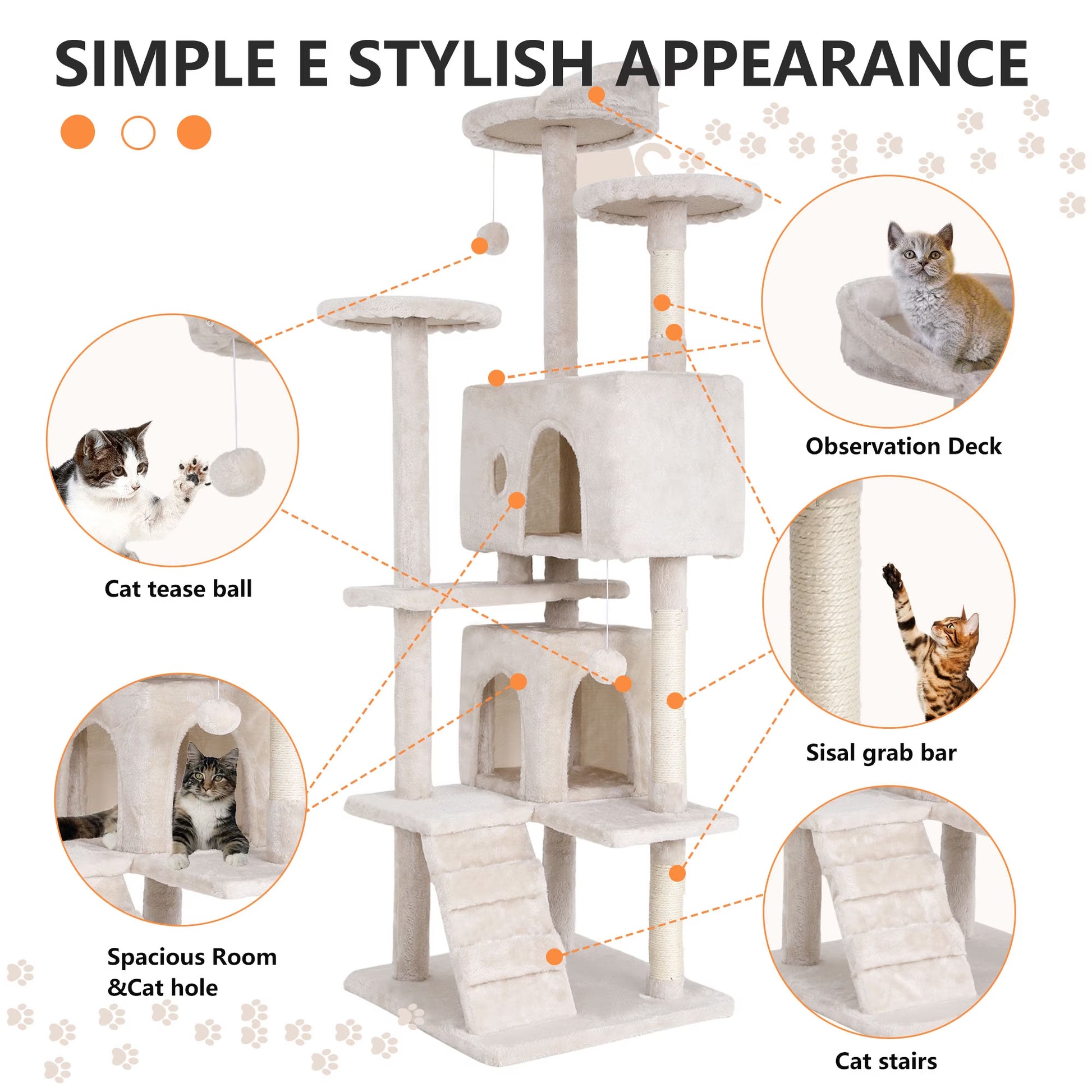70In Cat Tree Tower for Indoor Cats,Multi-Level Cat Furniture Activity Center with Cat Scratching Posts Stand House Cat Condo with Funny Toys for Kittens Pet Play House, Beige