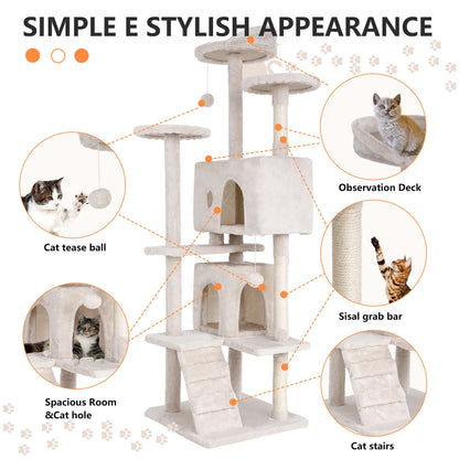 70In Cat Tree Tower for Indoor Cats,Multi-Level Cat Furniture Activity Center with Cat Scratching Posts Stand House Cat Condo with Funny Toys for Kittens Pet Play House, Beige