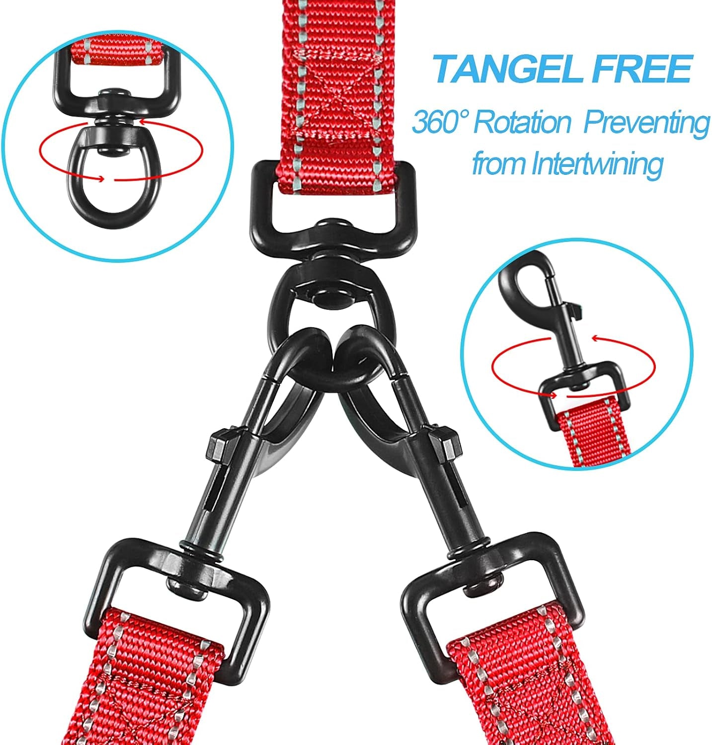 Double Dog Leash, No Tangle Dual Leash, Walking Training Lead | 4 Comfortable Padded Handles, Adjustable, Reflective, for Two Large Medium Dogs, Collapsible Bowl and Waste Bags, Red