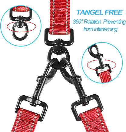 Double Dog Leash, No Tangle Dual Leash, Walking Training Lead | 4 Comfortable Padded Handles, Adjustable, Reflective, for Two Large Medium Dogs, Collapsible Bowl and Waste Bags, Red