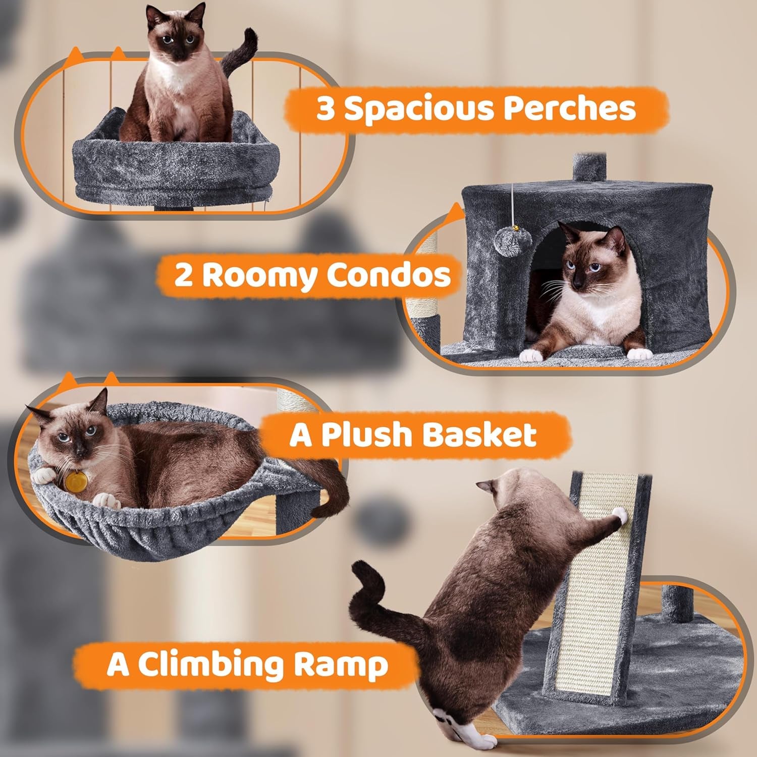 Yaheetech 69-Inch Cat Tree Tower with 2 Condos, Scratching Posts & Cat-Ear Perches - Sturdy, Soft, Easy to Assemble for Large Cats & Multi-Pet Homes - Dark Gray