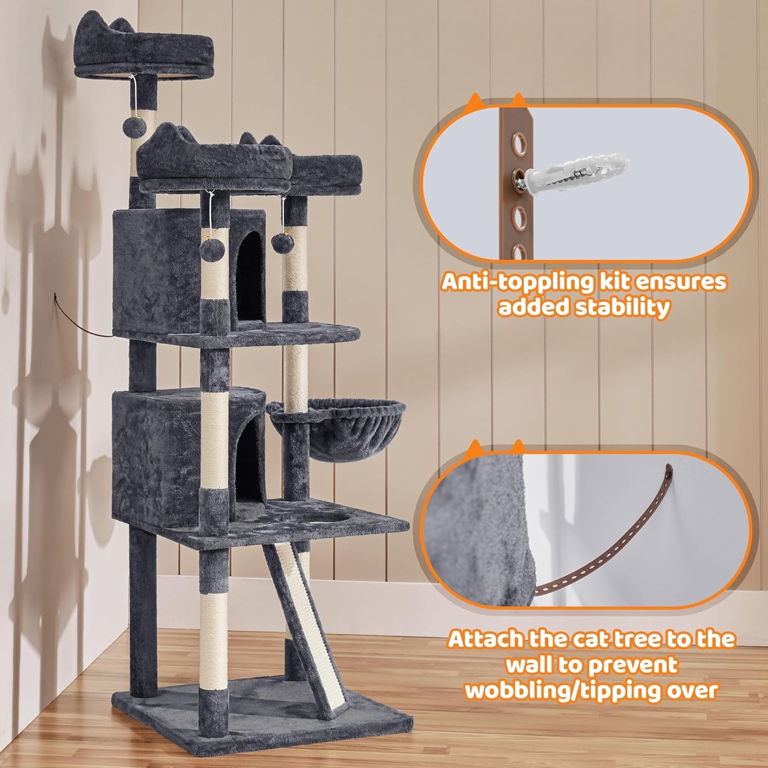 Yaheetech 69-Inch Cat Tree Tower with 2 Condos, Scratching Posts & Cat-Ear Perches - Sturdy, Soft, Easy to Assemble for Large Cats & Multi-Pet Homes - Dark Gray