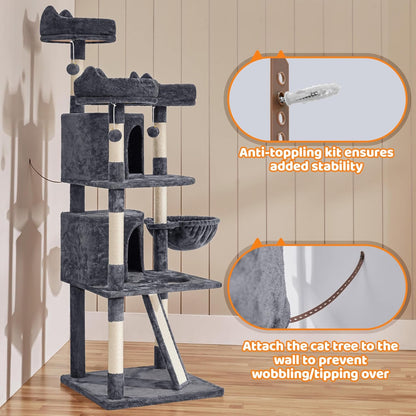 Yaheetech 69-Inch Cat Tree Tower with 2 Condos, Scratching Posts & Cat-Ear Perches - Sturdy, Soft, Easy to Assemble for Large Cats & Multi-Pet Homes - Dark Gray