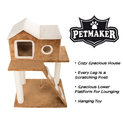 35In Cat Tree with Ladder, House, Scratch Posts, and Toy (Brown)