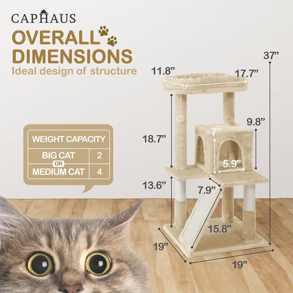 37 In. Beige Cat Tower for Indoor Cats, Modern Cute 37 In. Small Cat Tree with Widened Perch