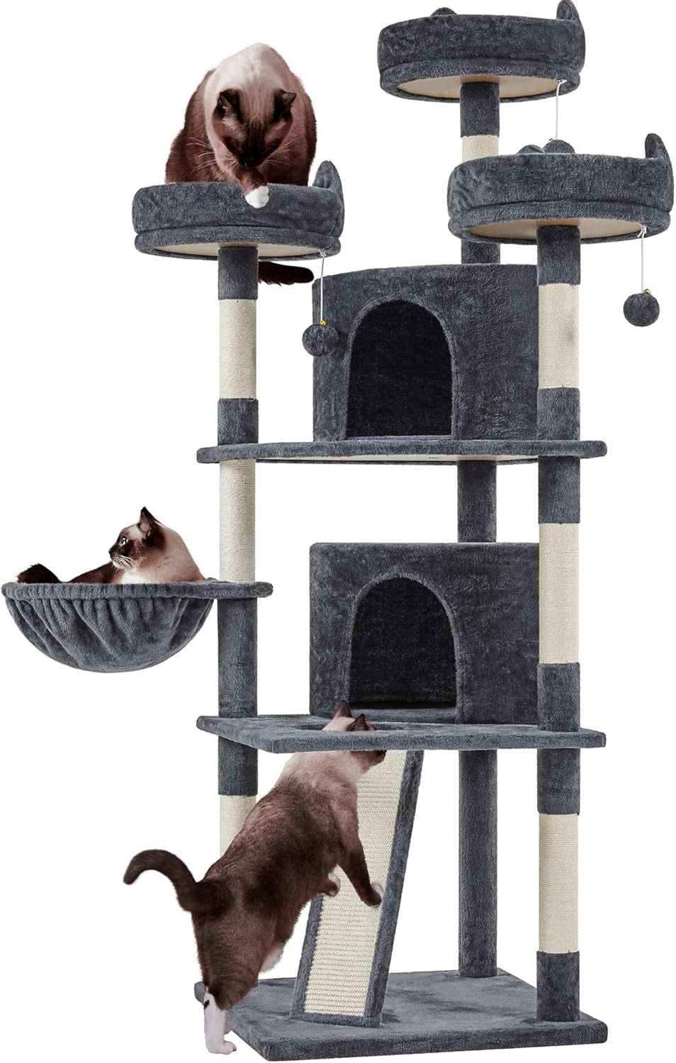 Yaheetech 69-Inch Cat Tree Tower with 2 Condos, Scratching Posts & Cat-Ear Perches - Sturdy, Soft, Easy to Assemble for Large Cats & Multi-Pet Homes - Dark Gray