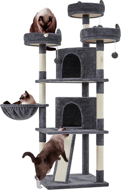 Yaheetech 69-Inch Cat Tree Tower with 2 Condos, Scratching Posts & Cat-Ear Perches - Sturdy, Soft, Easy to Assemble for Large Cats & Multi-Pet Homes - Dark Gray