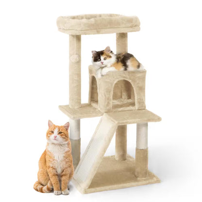 37 In. Beige Cat Tower for Indoor Cats, Modern Cute 37 In. Small Cat Tree with Widened Perch