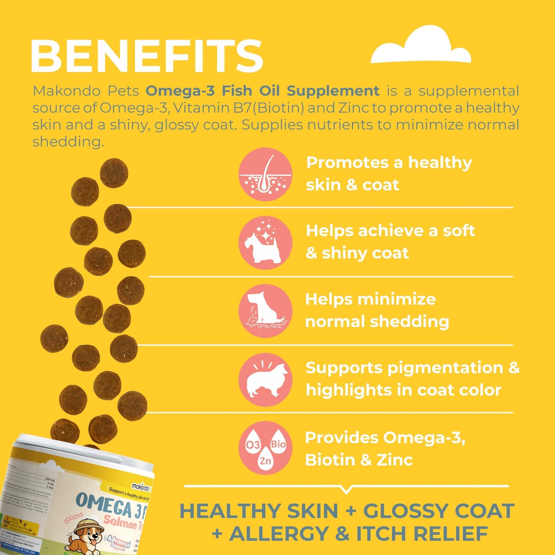 Omega-3 Fish Oil Chews for Dogs 120 Count Skin & Coat Shedding EPA & DHA