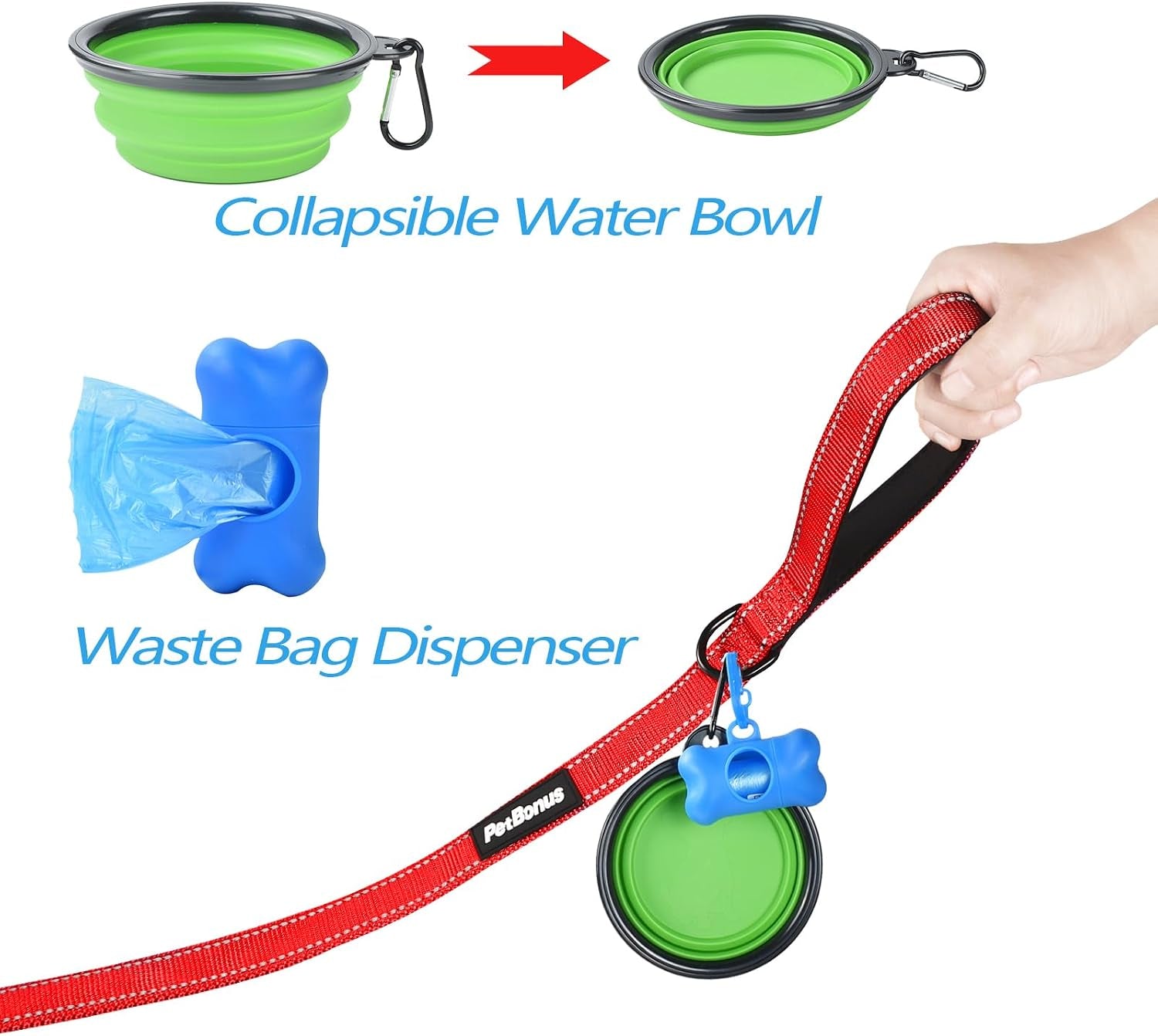 Double Dog Leash, No Tangle Dual Leash, Walking Training Lead | 4 Comfortable Padded Handles, Adjustable, Reflective, for Two Large Medium Dogs, Collapsible Bowl and Waste Bags, Red