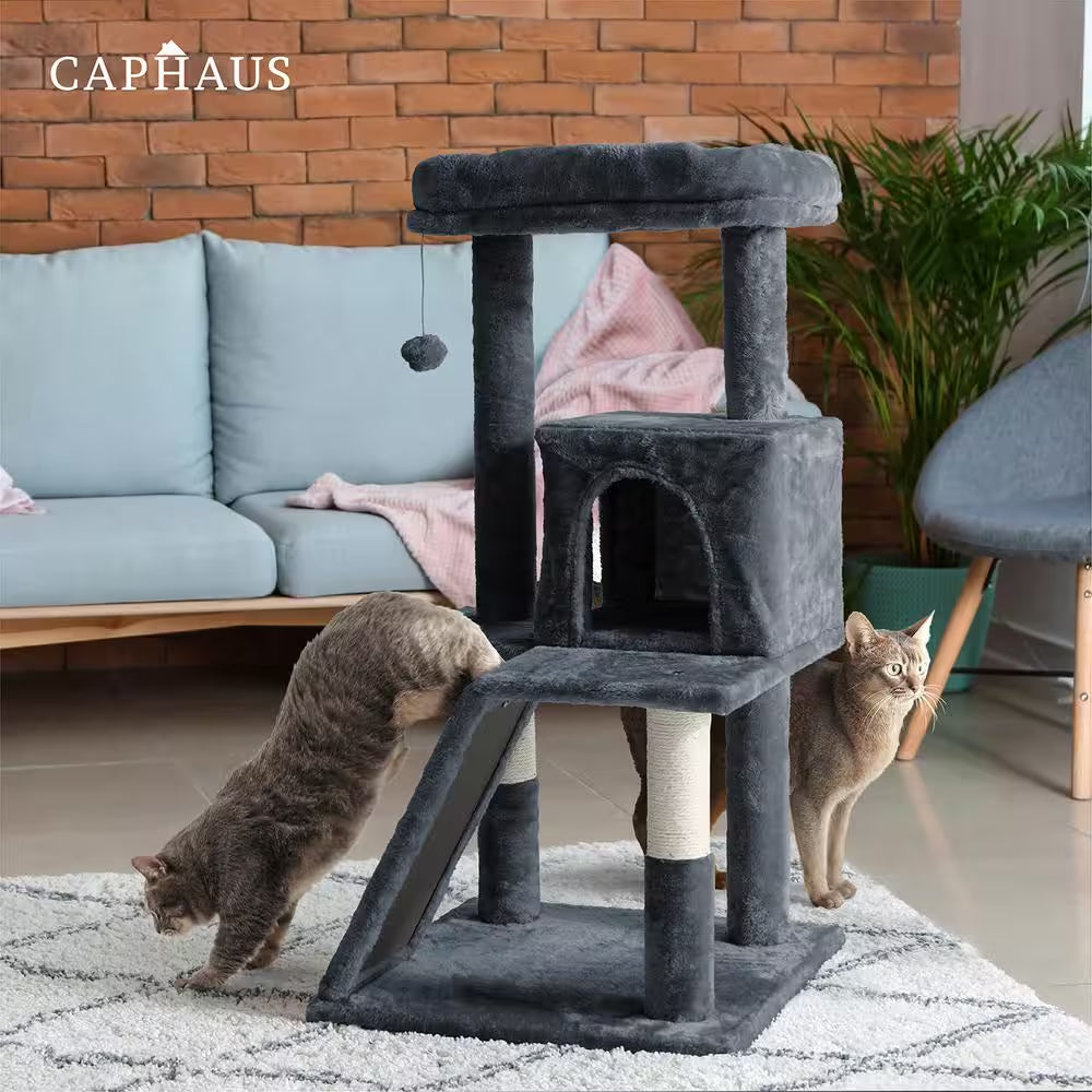37 In. Beige Cat Tower for Indoor Cats, Modern Cute 37 In. Small Cat Tree with Widened Perch