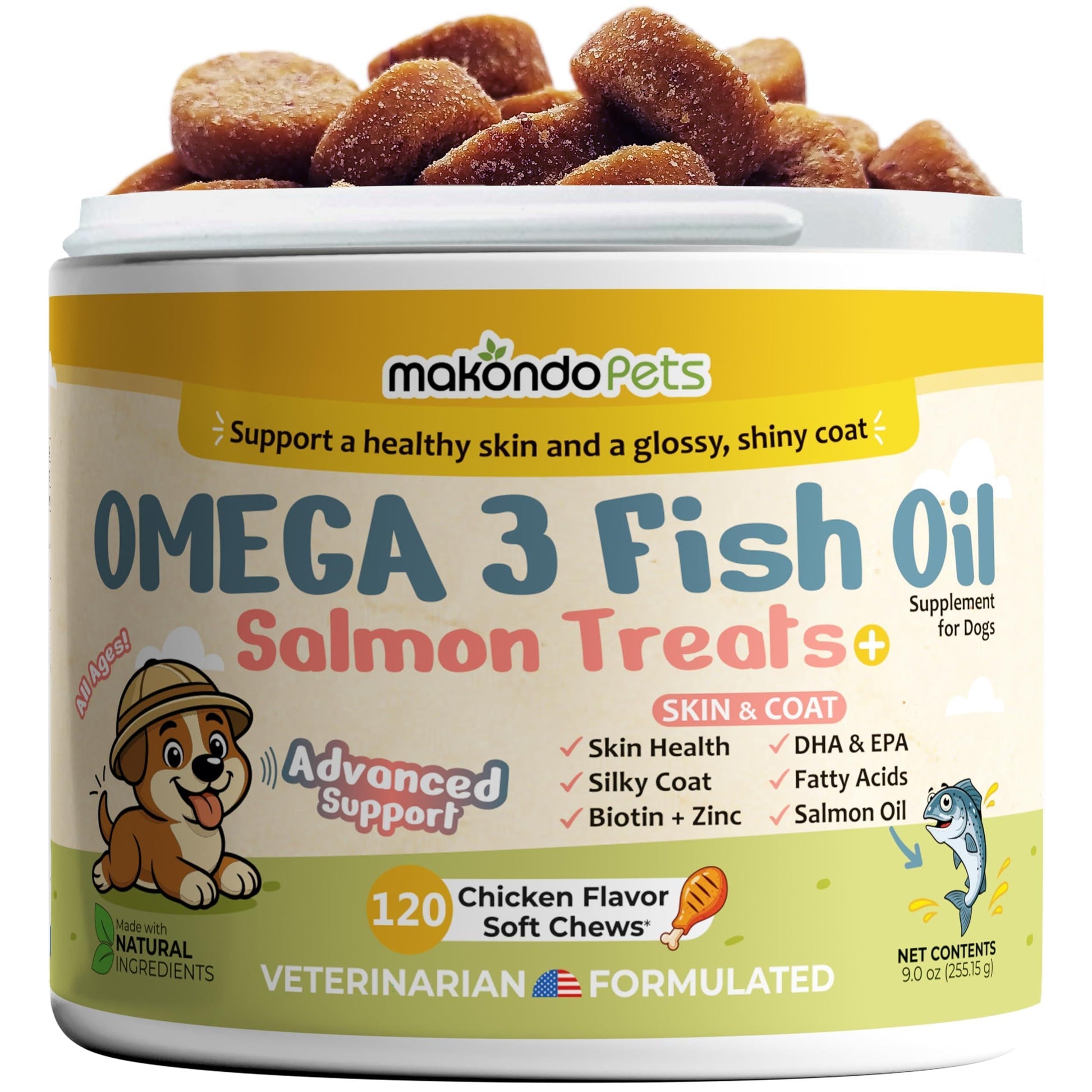 Omega-3 Fish Oil Chews for Dogs 120 Count Skin & Coat Shedding EPA & DHA