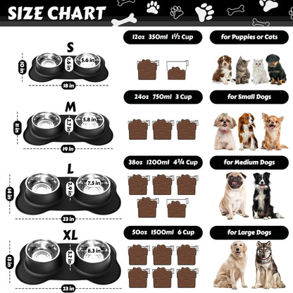 Dog Food Bowls Stainless Steel & Water Dish with No-Spill and Non-Skid, Feeder Bowls with Dog Food Dish for Small Medium Large Size,Dogs,Cats,Puppy Pets, Black, 12Oz