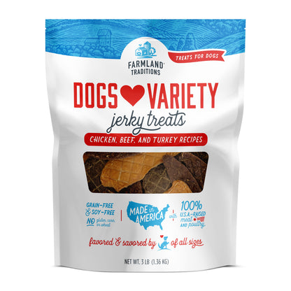 Dogs Love Jerky Dog Treats, Premium Dog Jerky Variety Pack with Chicken, Beef & Turkey, 3 Pound Bag