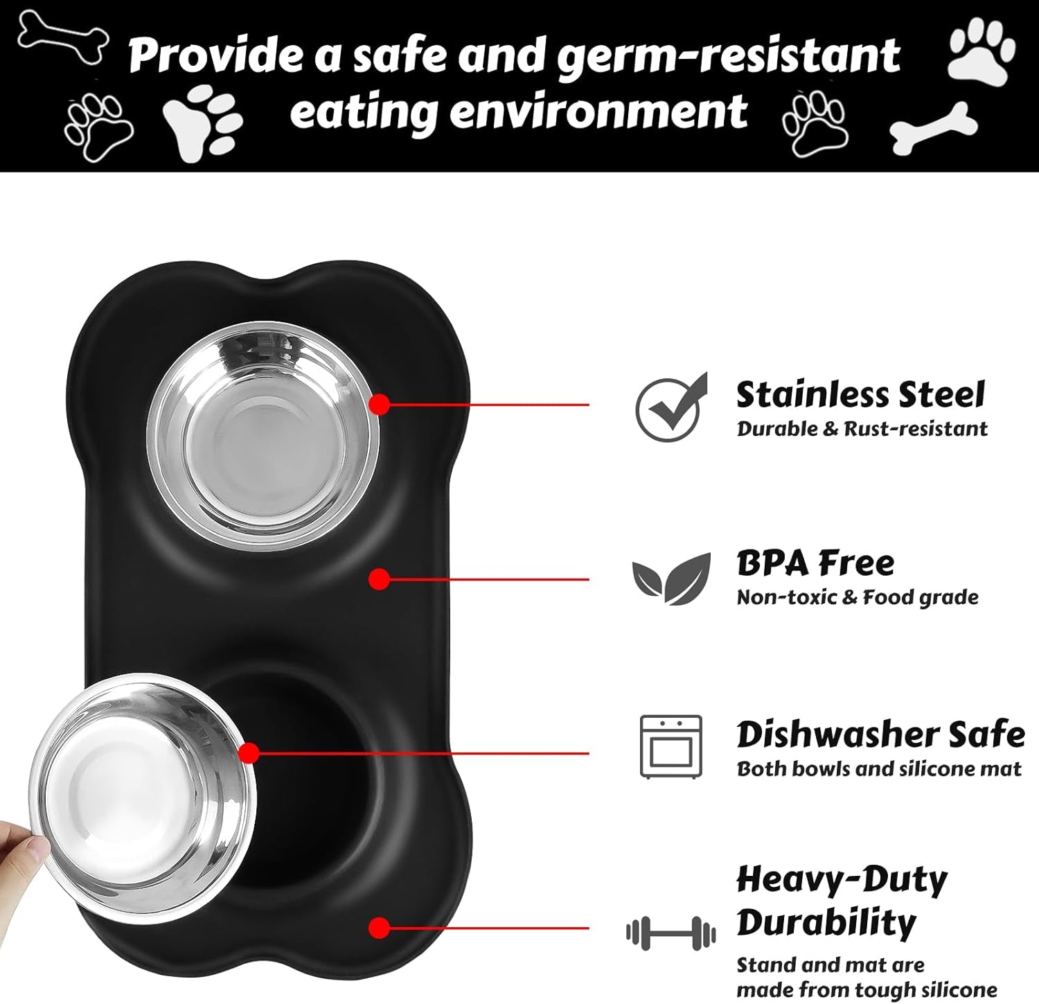Dog Food Bowls Stainless Steel & Water Dish with No-Spill and Non-Skid, Feeder Bowls with Dog Food Dish for Small Medium Large Size,Dogs,Cats,Puppy Pets, Black, 12Oz
