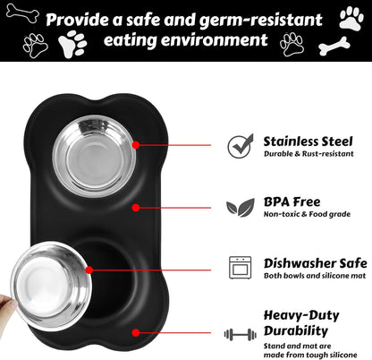Dog Food Bowls Stainless Steel & Water Dish with No-Spill and Non-Skid, Feeder Bowls with Dog Food Dish for Small Medium Large Size,Dogs,Cats,Puppy Pets, Black, 12Oz