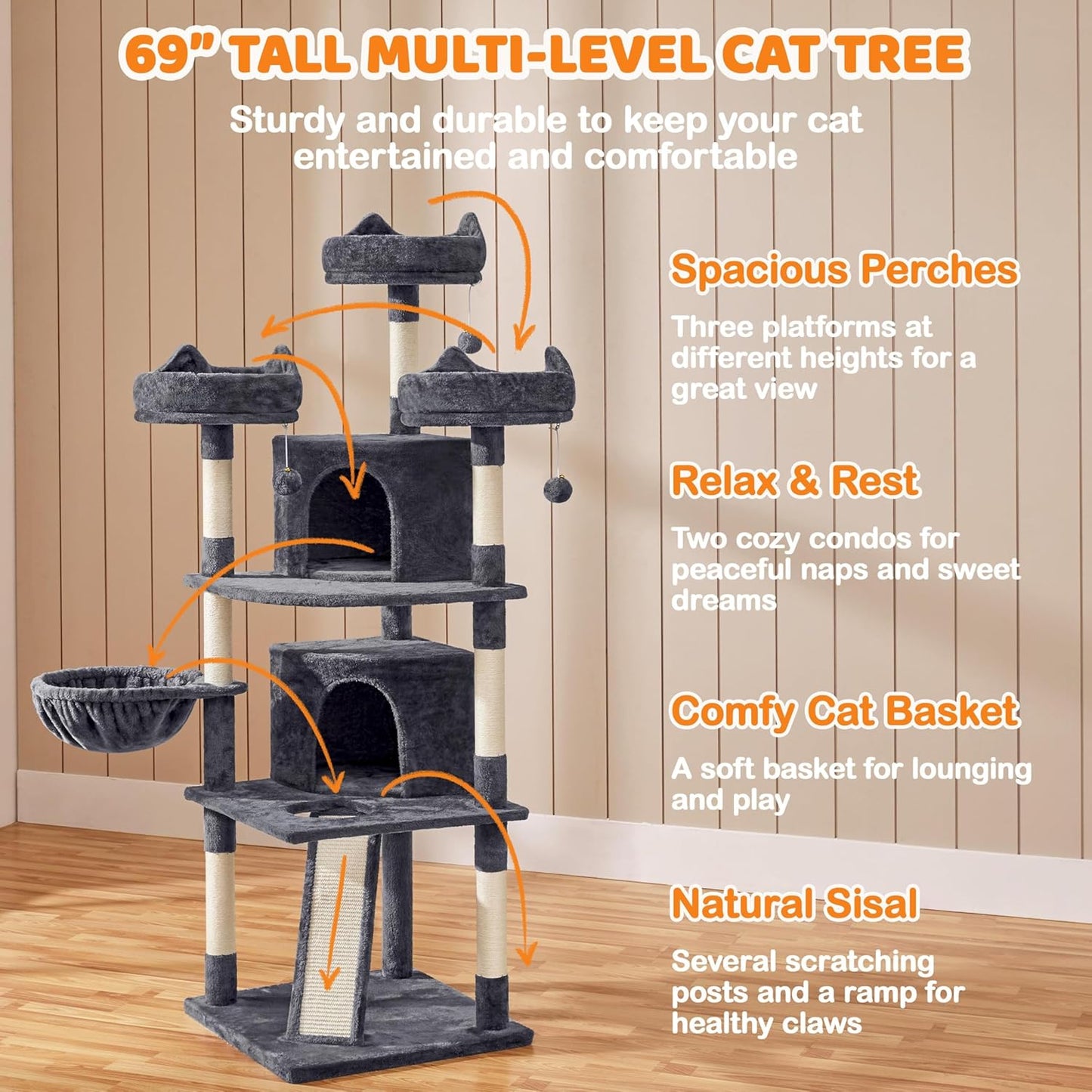 Yaheetech 69-Inch Cat Tree Tower with 2 Condos, Scratching Posts & Cat-Ear Perches - Sturdy, Soft, Easy to Assemble for Large Cats & Multi-Pet Homes - Dark Gray