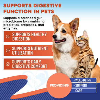 Probiotics & Prebiotics with Enzymes for Dogs and Cats - Digestive & Gut Flora Support Pet Food Supplement - Supports Digestive Comfort