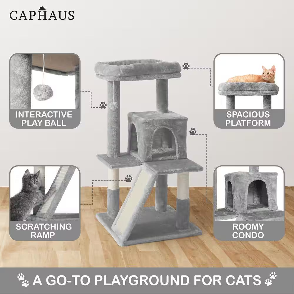 37 In. Beige Cat Tower for Indoor Cats, Modern Cute 37 In. Small Cat Tree with Widened Perch