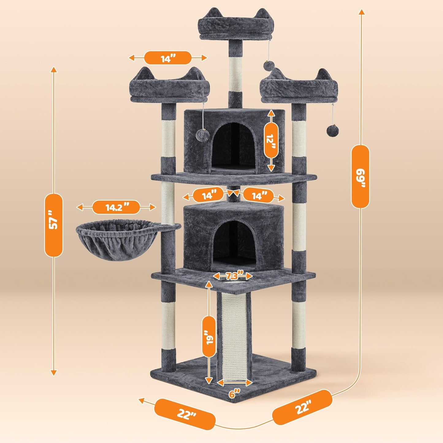 Yaheetech 69-Inch Cat Tree Tower with 2 Condos, Scratching Posts & Cat-Ear Perches - Sturdy, Soft, Easy to Assemble for Large Cats & Multi-Pet Homes - Dark Gray