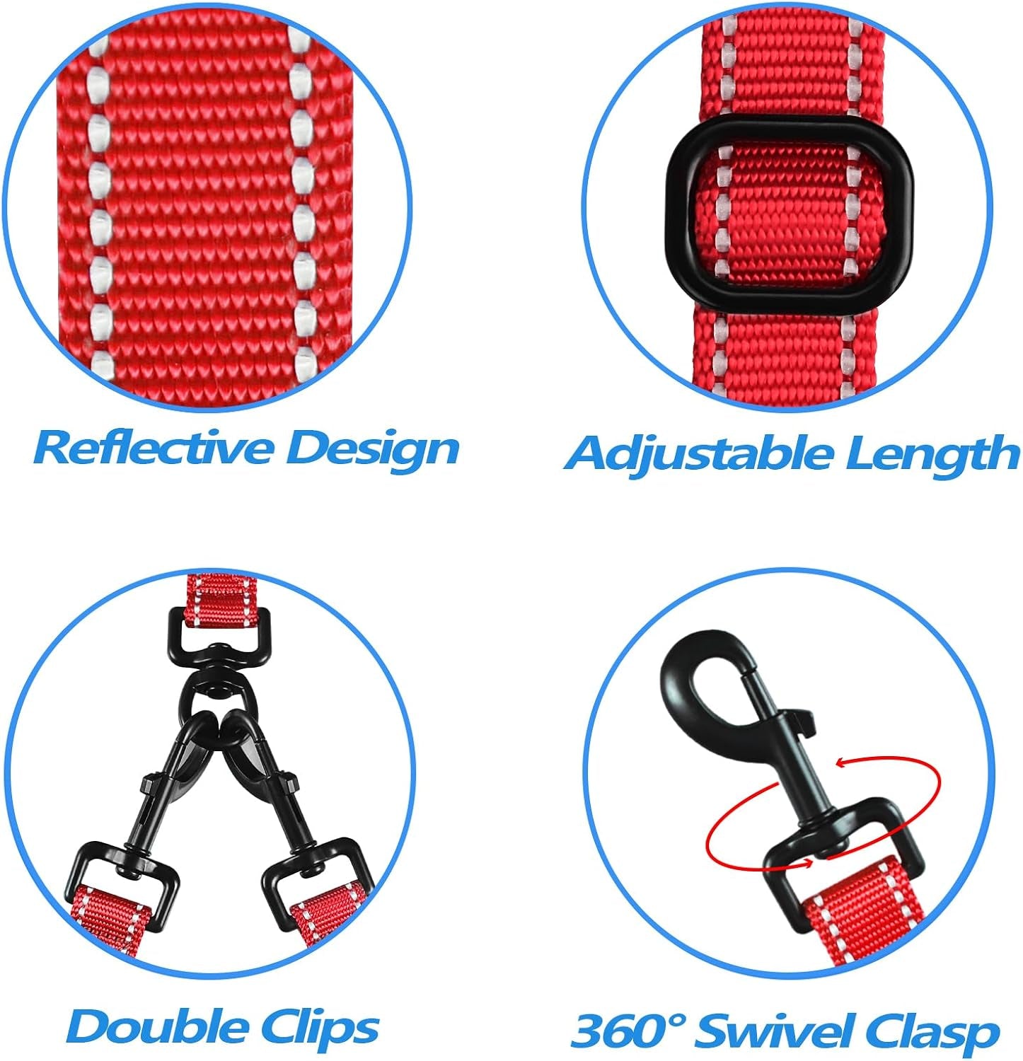 Double Dog Leash, No Tangle Dual Leash, Walking Training Lead | 4 Comfortable Padded Handles, Adjustable, Reflective, for Two Large Medium Dogs, Collapsible Bowl and Waste Bags, Red
