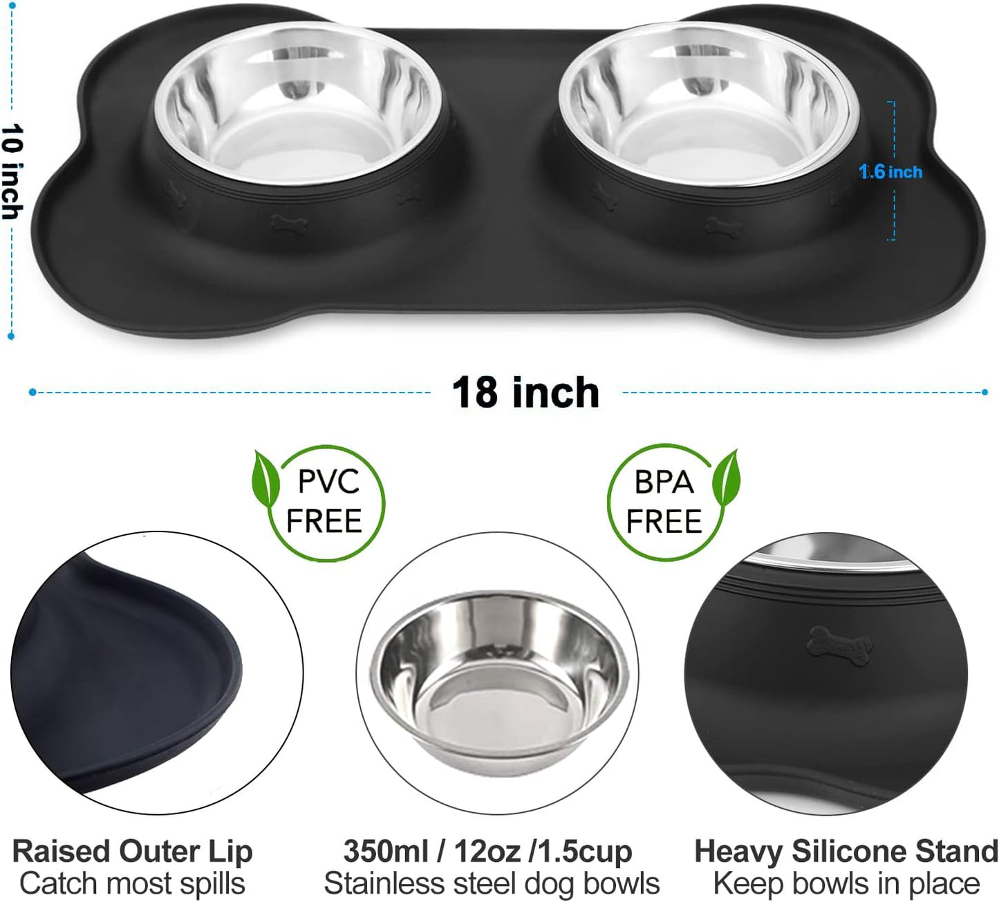 Dog Food Bowls Stainless Steel & Water Dish with No-Spill and Non-Skid, Feeder Bowls with Dog Food Dish for Small Medium Large Size,Dogs,Cats,Puppy Pets, Black, 12Oz