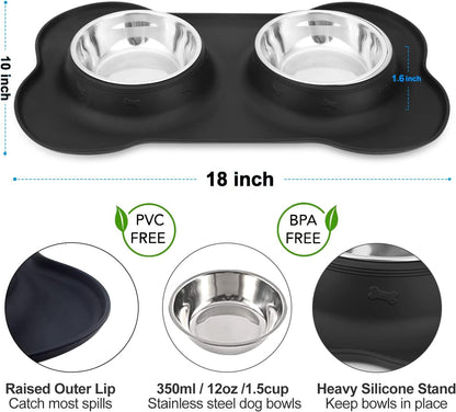 Dog Food Bowls Stainless Steel & Water Dish with No-Spill and Non-Skid, Feeder Bowls with Dog Food Dish for Small Medium Large Size,Dogs,Cats,Puppy Pets, Black, 12Oz
