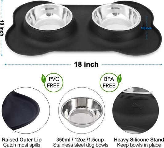 Dog Food Bowls Stainless Steel & Water Dish with No-Spill and Non-Skid, Feeder Bowls with Dog Food Dish for Small Medium Large Size,Dogs,Cats,Puppy Pets, Black, 12Oz