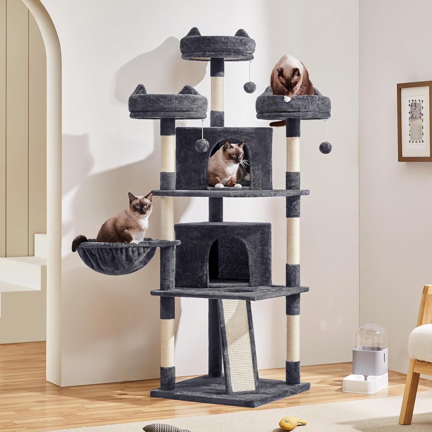 Yaheetech 69-Inch Cat Tree Tower with 2 Condos, Scratching Posts & Cat-Ear Perches - Sturdy, Soft, Easy to Assemble for Large Cats & Multi-Pet Homes - Dark Gray